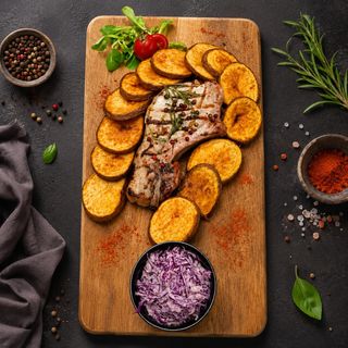 Tomahawk de porc cu cartofi copti si salata coleslaw - 350/200/100 g
