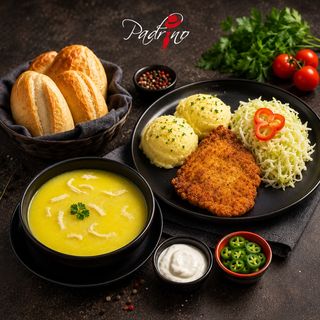 Ciorbă de burtă + Snițel de pui cu piure de cartofi + salată de varză