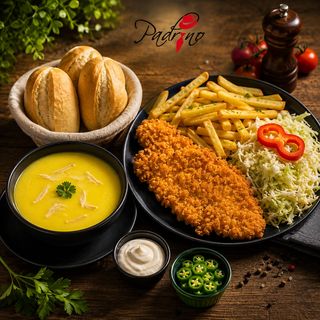 Ciorbă de burtă + Piept de pui crispy cu cartofi prăjiți+salată de varză