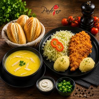 Ciorbă de burtă+ Piept de pui crispy cu piure de cartofi + salată de varză
