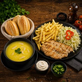 Ciorbă de burtă+Piept de pui la grătar cu cartofi prăjiți+salată de varză