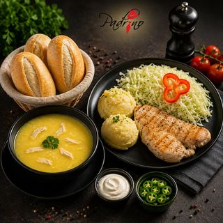 Ciorbă de burtă+Piept de pui la grătar cu piure de cartofi+salată de varză