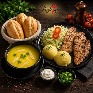 Ciorbă de burtă + Ceafă de porc cu piure de cartofi+salată de varză