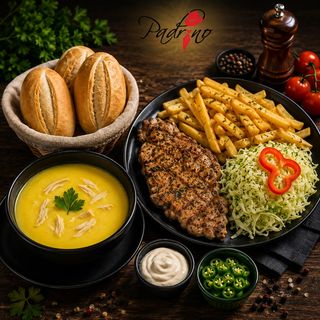 Ciorbă de burtă+Ceafă de porc cu cartofi prăjiți+salată de varză