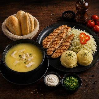 Ciorbă rădăuțeană+Ceafă de porc cu piure de cartofi+ salată de varză
