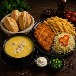 Ciorbă rădăuțeană+Șnițel de pui cu cartofi prăjiți+salată de varză
