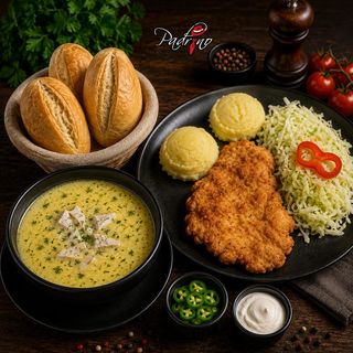 Ciorbă rădăuțeană+Șnițel de pui cu piure de cartofi+salată de varză
