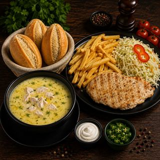 Ciorbă rădăuțeană + Piept de pui la grătar cu cartofi prăjiți+salată de varză