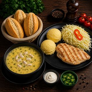 Ciorbă rădăuțeană+Piept de pui la grătar cu piure de cartofi+salată de varză