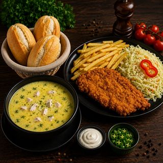 Ciorbă rădăuțeană + Piept de pui crispy cu cartofi prăjiți+salată de varză
