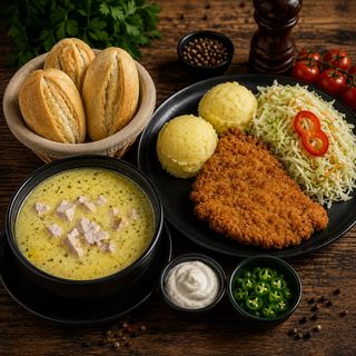 Ciorbă rădăuțeană+Piept de pui crispy cu piure de cartofi + salată de varză 