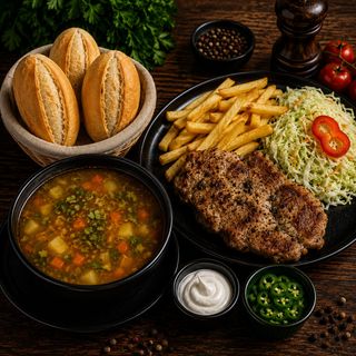 Ciorbă de legume + Ceafă de porc cu cartofi prăjiți+salată de varză