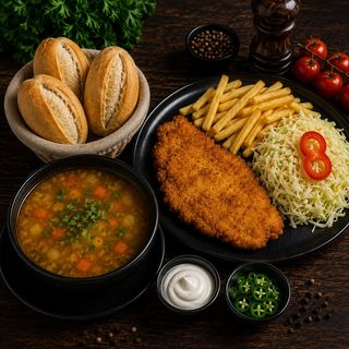 Ciorbă de legume+Șnițel de pui cu cartofi prăjiți+salată de varză