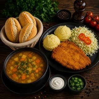 Ciorbă de legume+ Șnițel de pui cu piure de cartofi +salată de varză