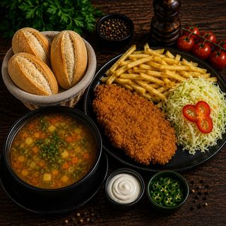 Ciorbă de legume+ Piept de pui crispy cu cartofi prăjiți+salată de varză 