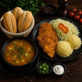 Ciorbă de legume + Piept de pui crispy cu piure de cartofi+salată de varză