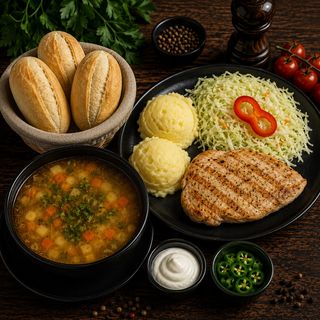Ciorbă de legume+ Piept de pui la grătar cu piure de cartofi+salată de varză 