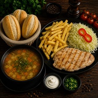 Ciorbă de legume+ Piept de pui la grătar cu cartofi prăjiți+salată de varză 