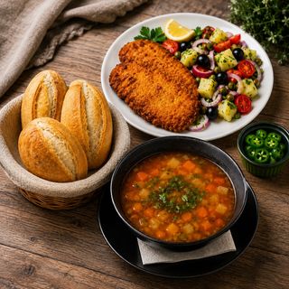 Ciorba de legume + Snitel de soia cu salata orientala