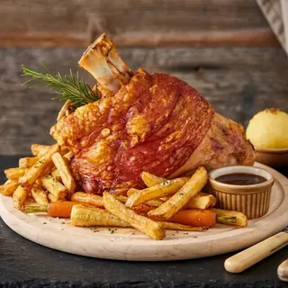 CIOLAN DE PORC CU GARNITURA LA ALEGERE(piure,cartofi prajiti,iahnie de fasole)