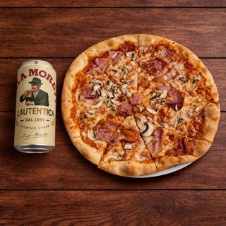 PIZZA PROSCIUTTO E FUNGHI + BIRRA MORETTI 0.5
