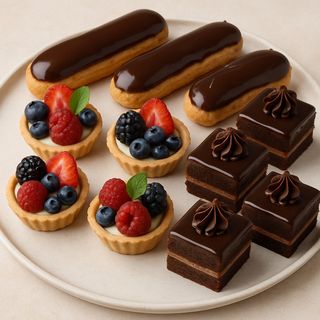 Platou mini prăjituri - eclere ciocolata + tarte cu fructe + mini amandine 