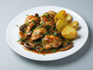 Piept de pui in sos picant cu ciuperci si cartofi prajiti