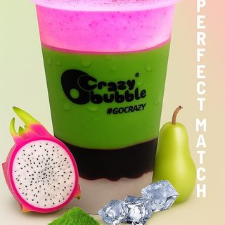 Matcha with pink foam and blackcurrant puree