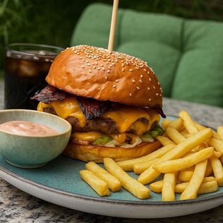Bacon & Cheeseburger cu Cartofi Prajiti si Sos
