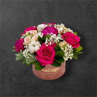 Cutie viva magenta cu bujori si trandafiri