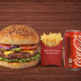 Meniu BurgerPleska cu cartofi pai și Coca Cola doză