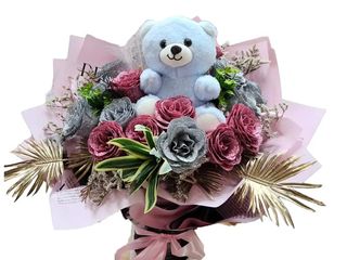 Buchet Trandafiri Sapun Pink & Silver Teddy