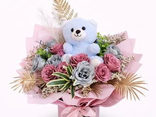 Buchet Trandafiri Sapun Teddy Silver & Pink