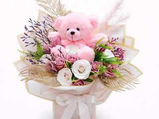 Buchet Trandafiri Sapun Soft Pink Teddy