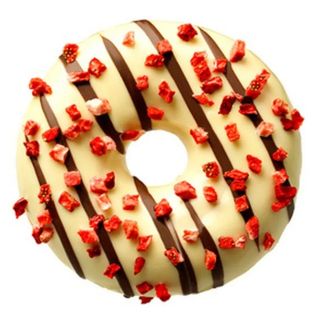 Gogoasa cu glazura de ciocolata alba, bucati de capsune si umplutura de capsune