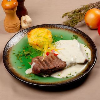 Muschi de vita cu sos gorgonzola si cartofi gratinat