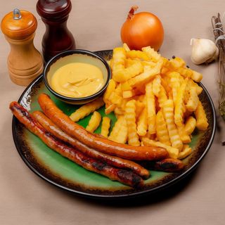 Carnati proaspeti cu cartofi prajiti si mustar