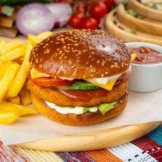 Burger de pui cu cartofi pai si sos