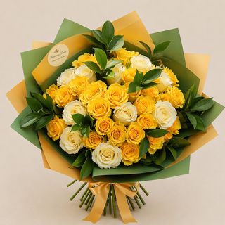 Buchet trandafiri 2 culori si verdeata