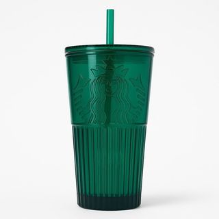 Pahar de sticlă cu capac și pai de sticlă.