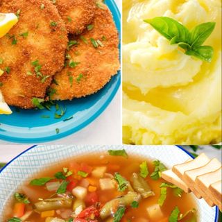 Meniu Ciorba de legume+Snitel de pui cu piure+paine