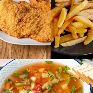 Meniu Ciorba de Legume + Snitel de Porc  cu cartofi prajiti