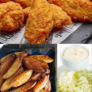 COMBO STRIPS PIEPT DE PUI / CARTOFI WEDGES/ MAIONEZA CU USTUROI