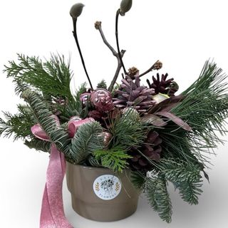 Aranjament in vas ceramic cu brad si muguri de magnolie