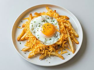 Cartofi prăjiti cu brânză rasa si ou ochi