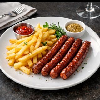 2 porti de cărnat + 2 porti de cartofi prăjiți