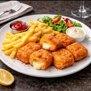 2 porti de cascaval pane + 2 porti de cartofi prăjiți 