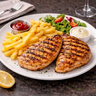 2 Piept de pui la grătar + 2 porți de cartofi prăjiți 