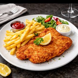 2 porți de șnițel de porc+ 2 porții de cartofi pai 