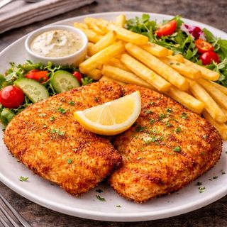 2 porții de șnițel de pui + 2 porți de cartofi prăjiți 